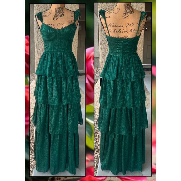 Lulus Hunter Green Floral Jacquard Tiered Stunning Glory Maxi Dress Size: XS - Picture 6 of 10